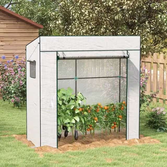 OUTSUNNY White and Green Garden Greenhouse with Large Roll-up Door and 2 Mesh Windows, W/D/H: 140 x 140 x 197 cm