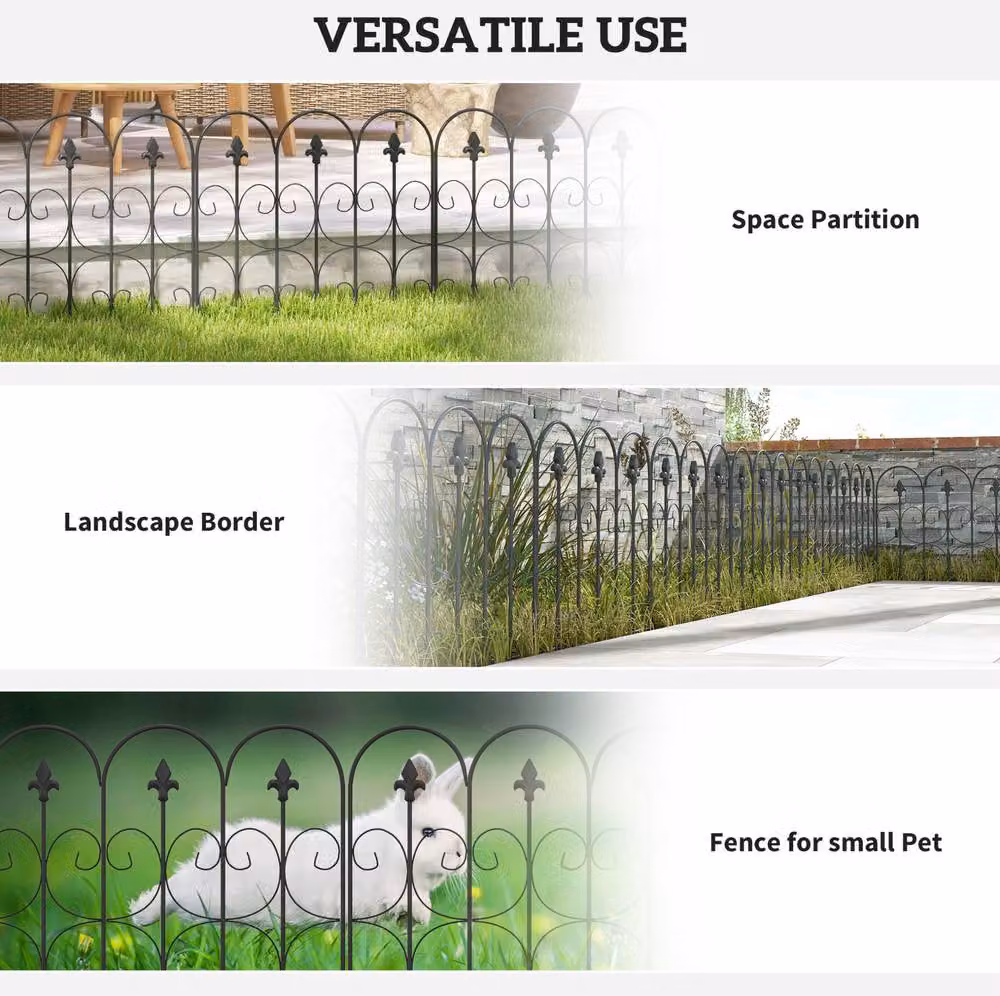STILVORA Interlocking Black Powder-Coated Steel Garden Fence Panels, W: 307 cm, H: 83 cm – 6