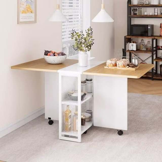 London Boutique Mobile Drop Leaf Dining Table with Shelves in White