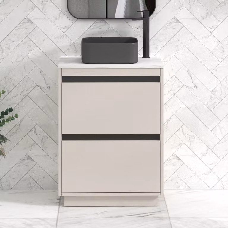 Royal Bathrooms Orion 600mm Warm Taupe Floor Standing Countertop Vanity Unit with 2 Drawers, Art Square Basin and Black Accent Trim