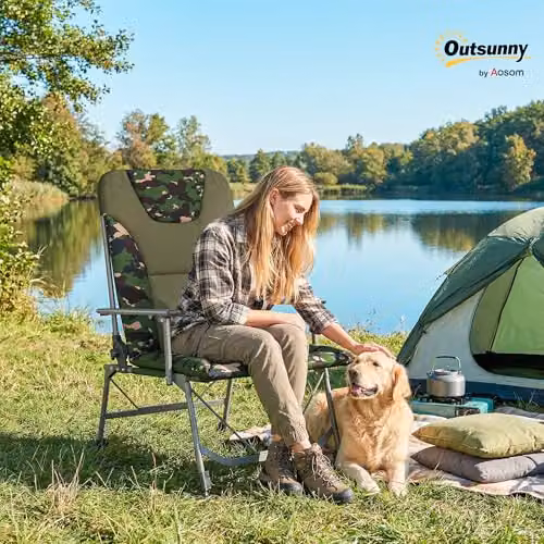 Outsunny Padded Reclining Camping Chair for Adults in Brown with Adjustable Headrest and Armrests – 2