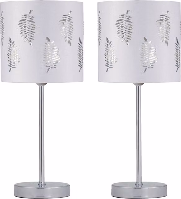 First Choice Lighting Set of 2 Chrome Stick Table Lamps with White Fabric Cylinder Shades