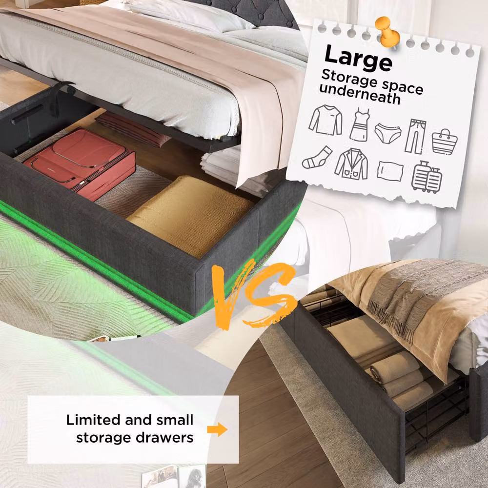 Rolipo Grey Linen Double Ottoman Bed with LED Lighting and USB Charging Ports W: 140 cm, D: 200 cm – 7