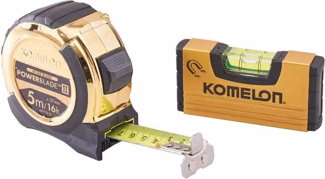 Komelon Gold II Steel Tape Measure with Gold Mini Level, 5m (16ft)