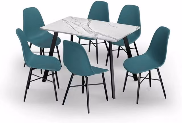 URBNLIVING 7-Piece Dining Set with White Marble Rectangular Table and 6 Blue Ocean Tulip Chairs, W: 110 cm, H: 75 cm