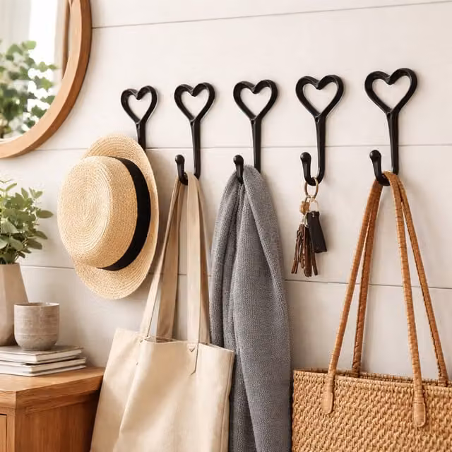 Marco Paul 5-Piece Wrought Cast Iron Love Heart Wall Mounted Hooks in Black