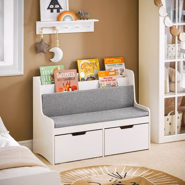 SoBuy Children's Storage Bench with Bookshelf Back and Drawers in White and Grey