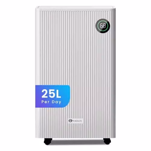 PureMate White Portable Compact Dehumidifier with 25L Daily Capacity, 5.5 Litre Tank, Digital Display, Continuous Drainage and 24Hr Timer – 1