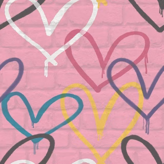 Rasch Graffiti Hearts Pink Brick Wall Effect Abstract Design Paste The Paper Wallpaper, Pink