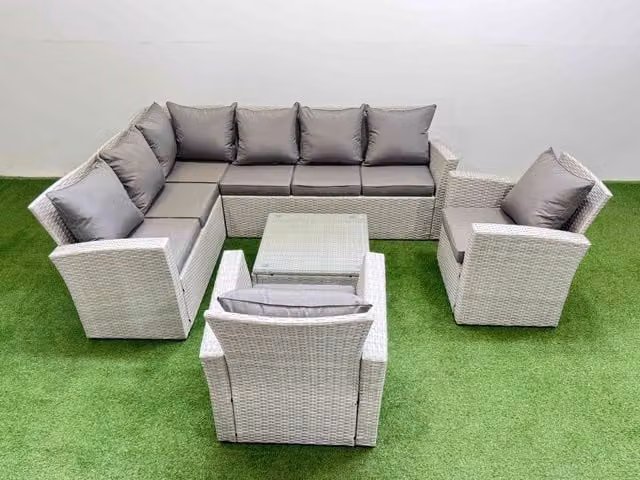 Fimous 8 Seater L-Shape Corner Garden Sofa Set with Coffee Table and 2 Armchairs in Light Grey