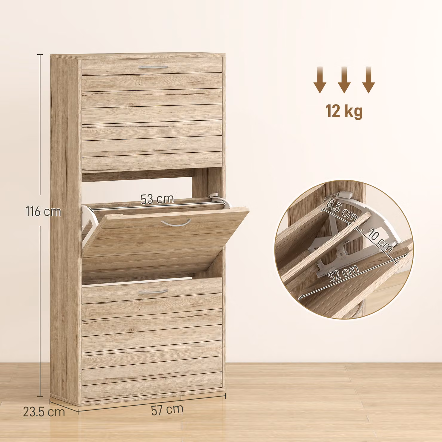 HOMCOM 12-Shoe Flip Drawer Storage Cabinet in Brown Wood-Effect – 3