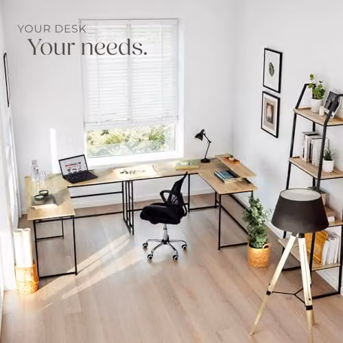 tectake Melrose Corner Desk with Movable Monitor Stand in Oak and Black, W/D/H: 140 x 130 x 76.5 cm – 2