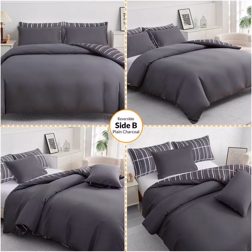 Lazzaro Home Alston Reversible Microfibre Duvet Cover and Pillowcase Set, Grey, W/D/H: 135 x 200 cm – 6