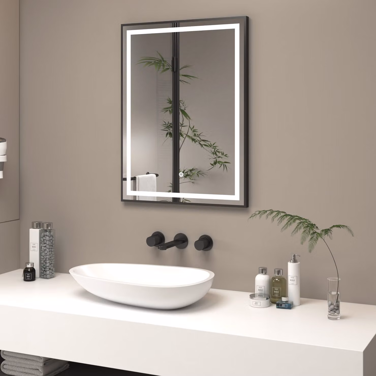 Royal Bathrooms Oslo LED Illuminated Framed Mirror in Matt Black, W: 60 cm, H: 80 cm, with Demister Pad and Touch Sensor
