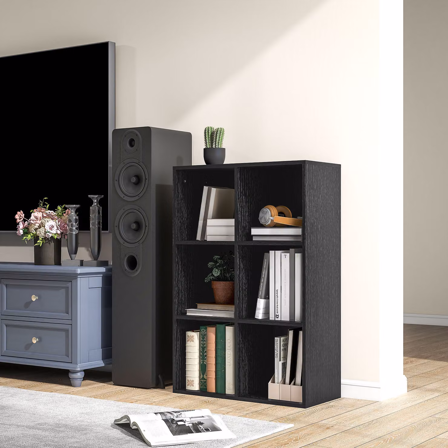 HOMCOM Six-Cube Freestanding Bookcase in Black Wood Effect – 8