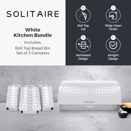 Tower Solitaire Roll Top Bread Bin and Set of 3 Airtight Canisters in White with Stainless Steel Lids – 2