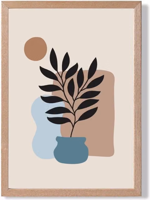 ARTZE Boho Graphical Floral Framed Print in Beige, Blue and Brown with Oak Wood Frame