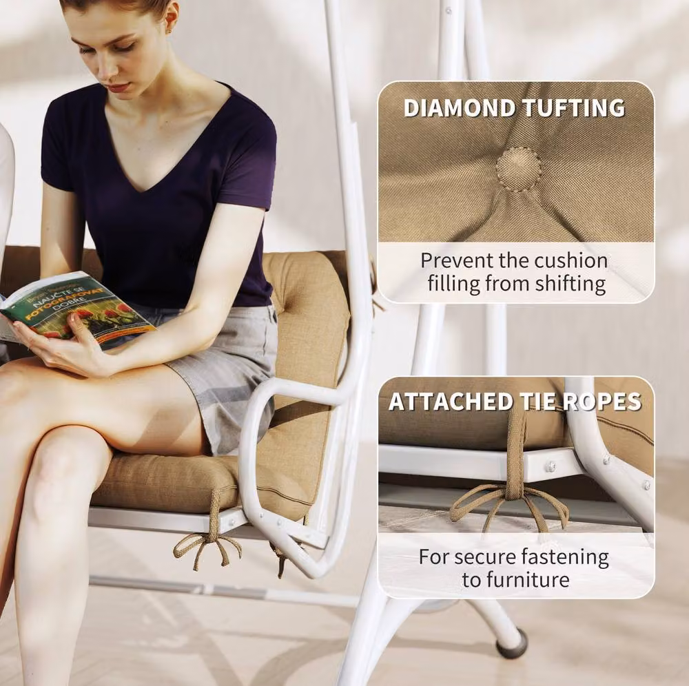 STILVORA Three-Seater Rectangular Bench Cushion with Tie Fastenings in Beige Polyester, W/D/H: 150 x 150 x 49 cm – 4