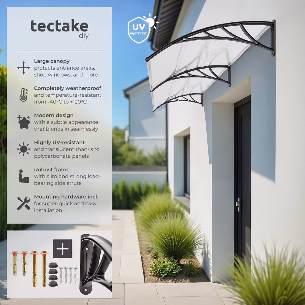 tectake Transparent Polycarbonate Canopy Rain Shelter in Clear, W: 200 cm, D: 40 cm – 2