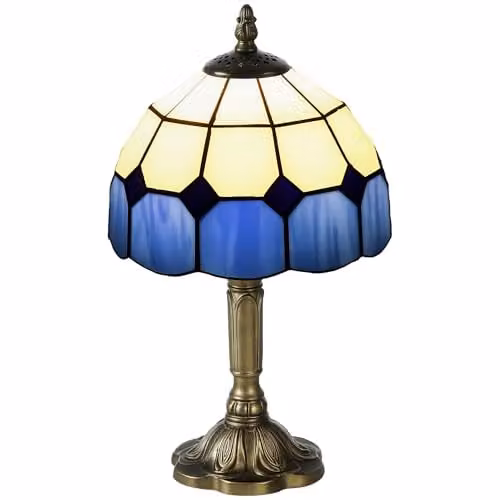 HOMCOM Art Deco Stained Glass Table Lamp in Blue and Bronze with Glass Dome Shade – 1