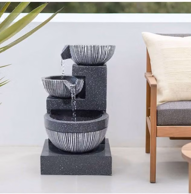 H&O Direct Solar Powered Outdoor Water Fountain Rockery Decoration in Brown and Grey Stone, W/D/H: 46.5 x 28.0 x 26.0 cm