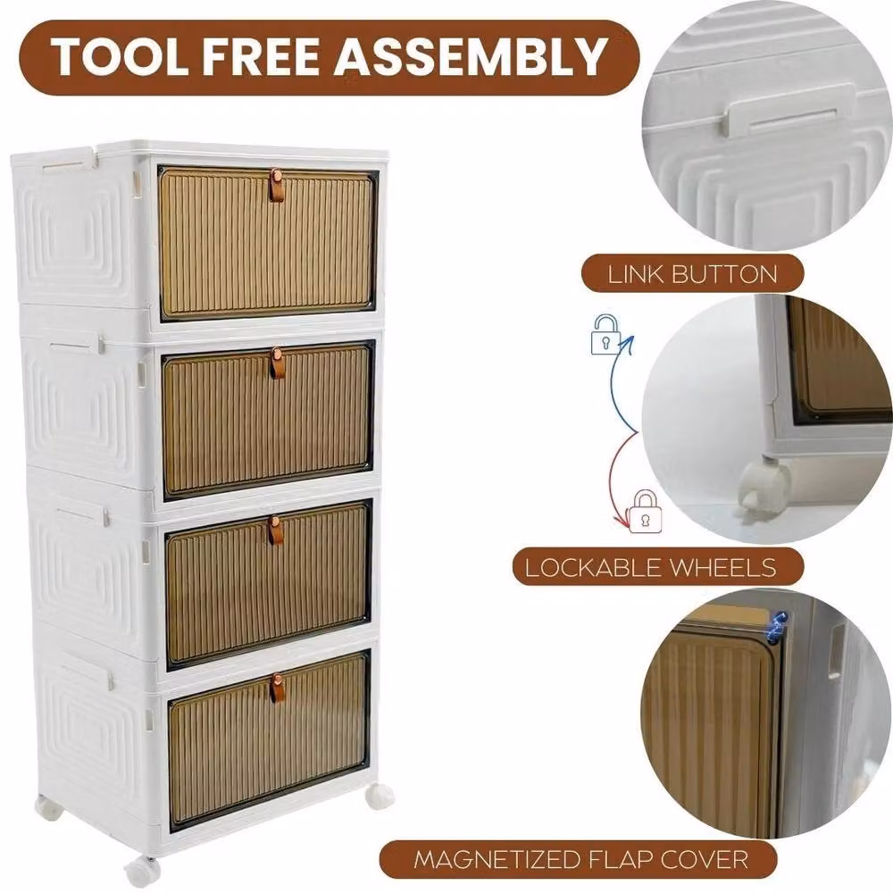 FORGEVIO 4-Tier Stackable Folding Storage Boxes with Lids, White, 92L Total Capacity – 2