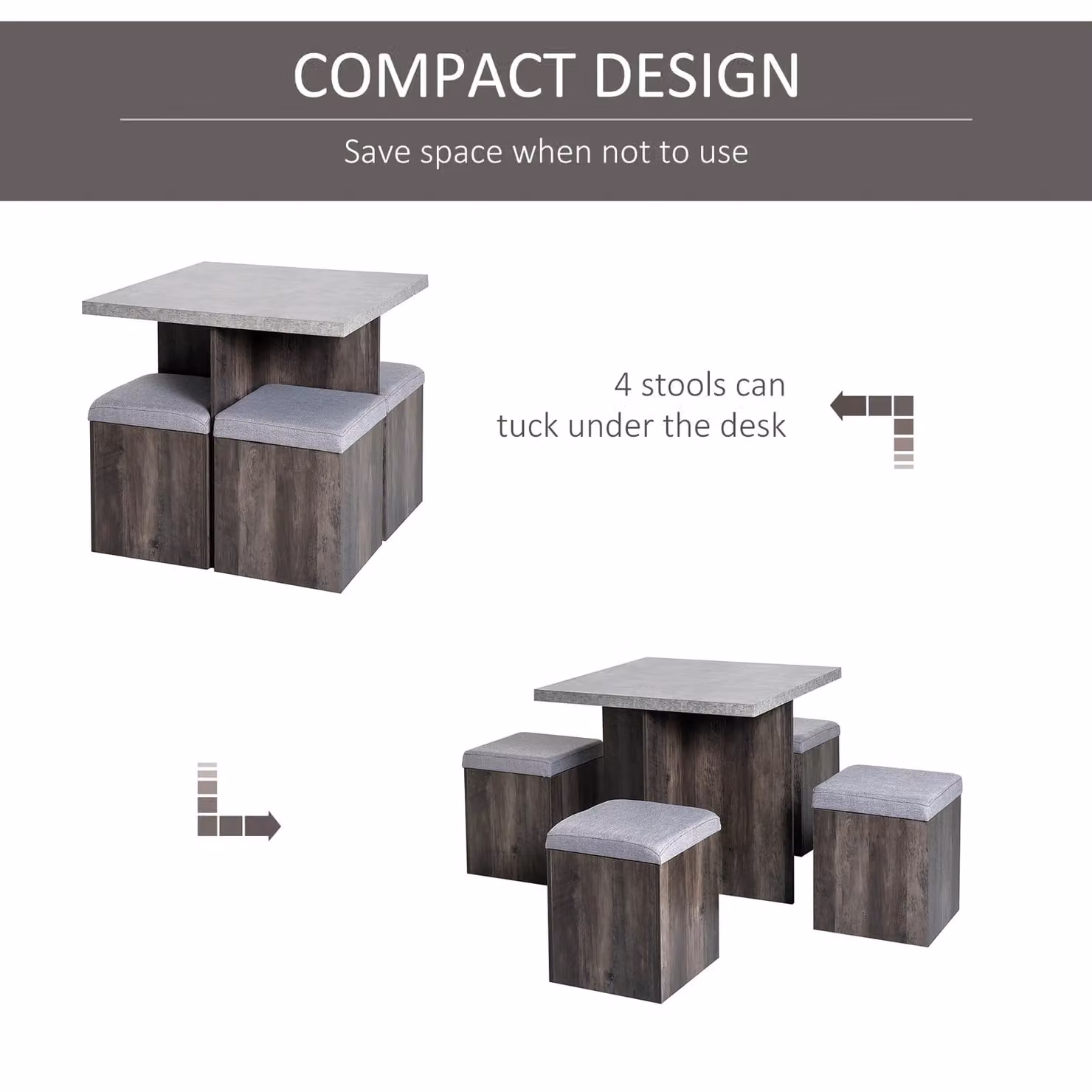 HOMCOM 5 Piece Wooden Dining Set with Square Table and Grey Cushioned Ottoman Seats – 4
