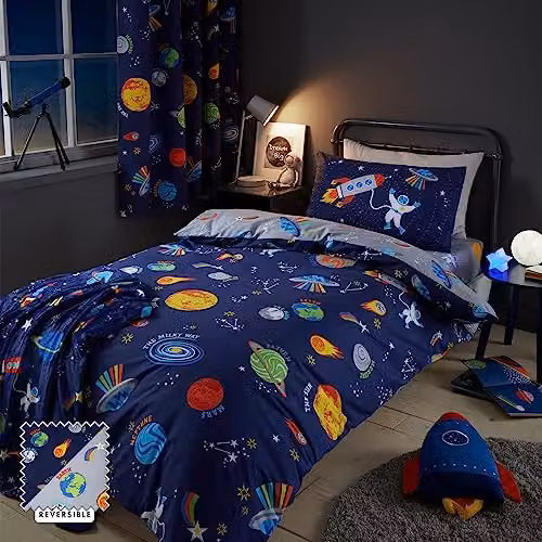 Catherine Lansfield Lost In Space Reversible Childrens Duvet Cover and Pillowcase Set, Blue and Grey, Duvet Cover: 200 x 200 cm, Pillowcase: 50 x 75 cm – 1