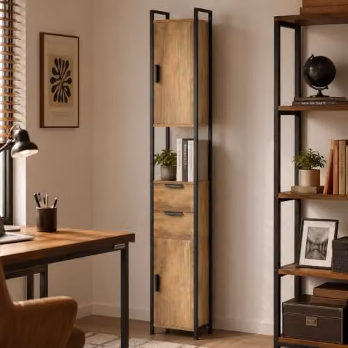 HOMCOM Industrial Freestanding Bathroom Cabinet with Soft-Close Doors, Internal Drawers and Shelves, Brown and Black, H 180 x W 25 x D 25 cm – 5