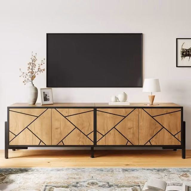 Merax Industrial Style Rustic Oak Effect TV Lowboard with 4 Doors and Black Metal Frame, W/D/H: 153 x 40 x 50 cm – 1