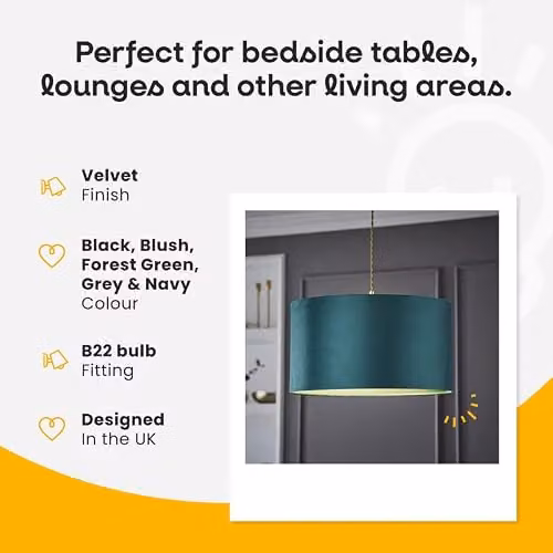 ValueLights Reni Forest Green Velvet Drum Ceiling Lamp Shade, Width: 35 cm – 7