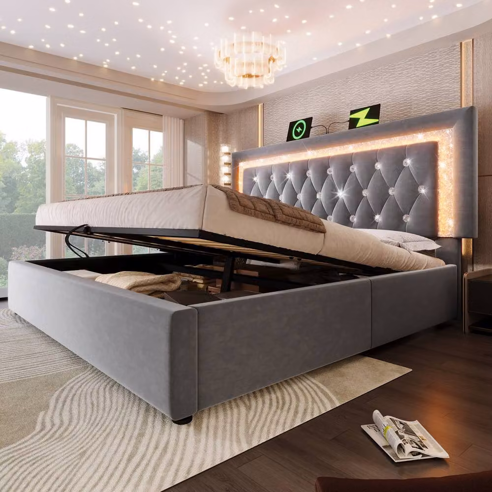 Merax Grey Velvet Hydraulic Storage Bed with LED Under-Bed Lighting and USB Charging Port, W/D/H: 180 x 160 x 200 cm – 6