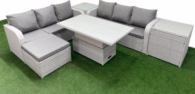 Fimous 7 Seater Grey Wicker Rattan Garden Furniture Set with Adjustable Lifting Dining or Coffee Table and High Back Lounge Sofas – 1