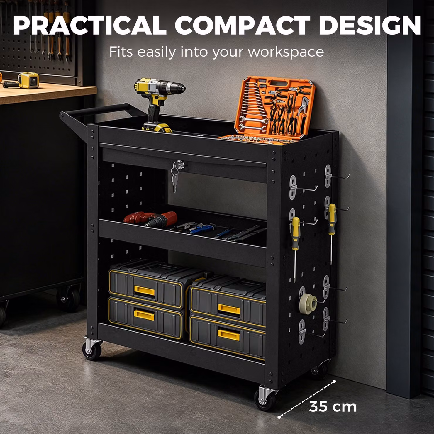 HOMCOM Black Steel Rolling Tool Cart with Lockable Wheels, 3-Tier Trays, Drawer and Pegboards, W/D/H: 78 x 35 x 90 cm – 7