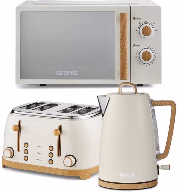 Geepas NordiQ Collection Kettle, Toaster and 20L Microwave Set in Cream and Beige