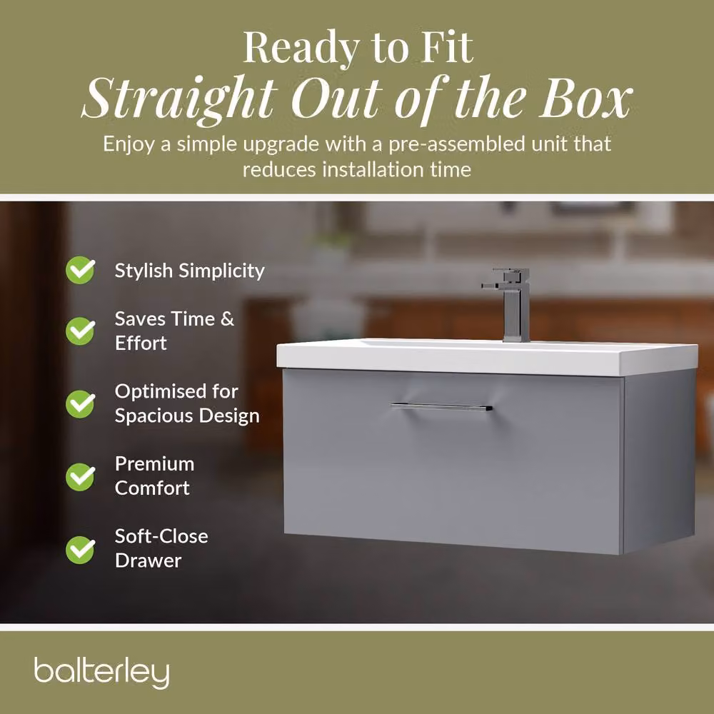 Balterley Wall Hung Single Drawer Bathroom Vanity Unit with Basin, Satin Grey, W/D/H: 81.0 x 39.0 x 39.9 cm – 3