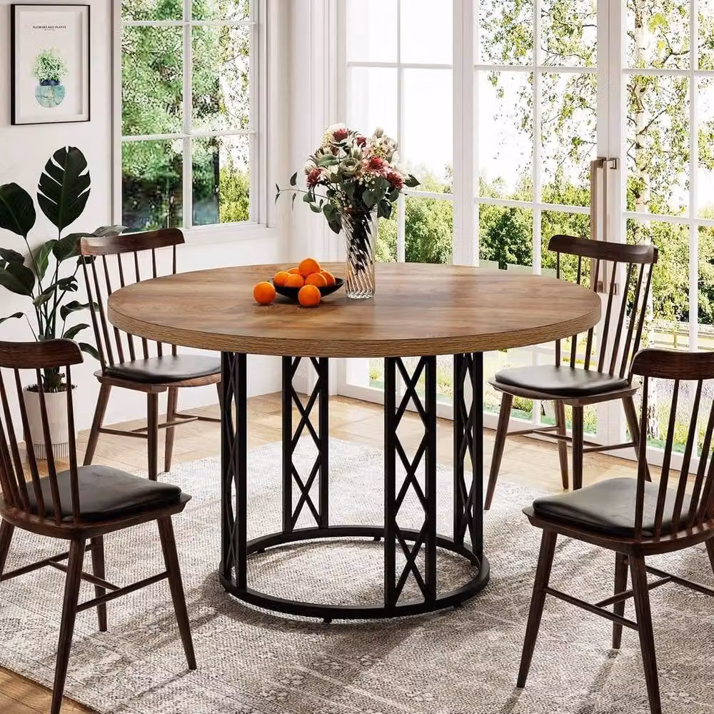 VOGREX Industrial Round Dining Table in Beige, Diameter: 120 cm, Height: 75 cm – 2