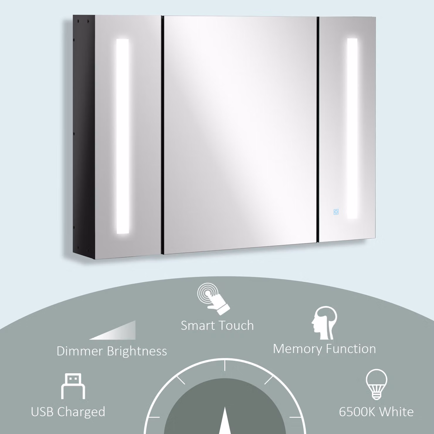 kleankin LED Bathroom Cabinet with Mirror, Black Wall Mounted Storage Organiser with 3 Mirrored Doors, Adjustable Shelves and Sensor Switch, W/D/H: 90 x 24 x 65 cm – 3