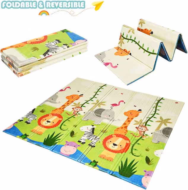 COSTWAY Foldable XPE Foam Baby Crawling Play Mat in Green and Multicolour