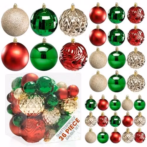 Pelle & Sol 36-Piece Shatterproof Christmas Bauble Set in Red, Green and Gold – 1
