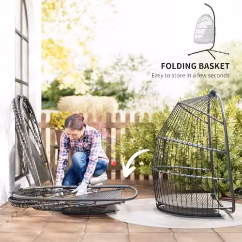 Outsunny Rattan Hanging Egg Chair with Stand and Cushions, Grey – 5