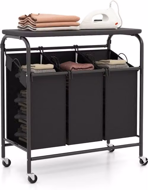 Costway 3-Bag Laundry Sorter Cart with Removable Fabric Bags and Wheels, Black