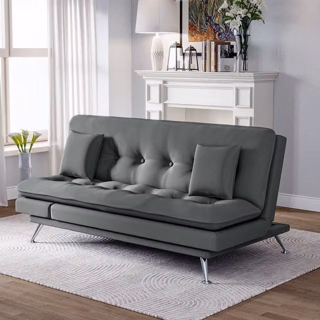 Livingandhome 3-Seater Grey Fabric Click-Clack Tufted Sofa Bed