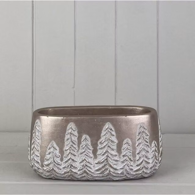 KDMD Champagne Gold Oval Ceramic Pot with Embossed Trees and Floral Design