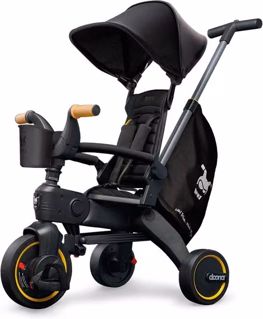 Doona Liki Push Along Trike S5 Nitro Black Deluxe Foldable Tricycle with Canopy