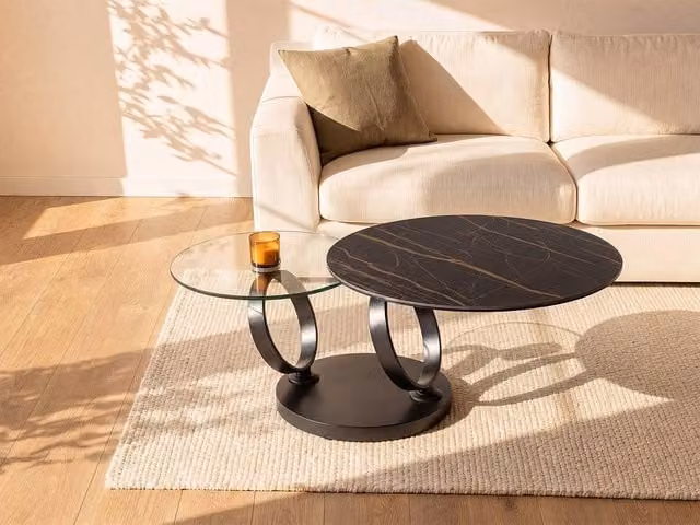Vente-unique Modern Round Coffee Table with Rotating Ceramic and Transparent Glass Trays in Black – 1