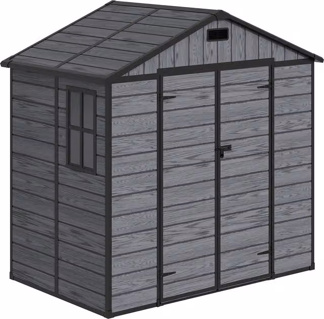 Livingandhome Apex Roof Garden Tool Shed Outdoor Patio Storage House, Dark Grey Wood Grain Plastic, W/D/H: 243.84 x 121.92 x 121.92 cm