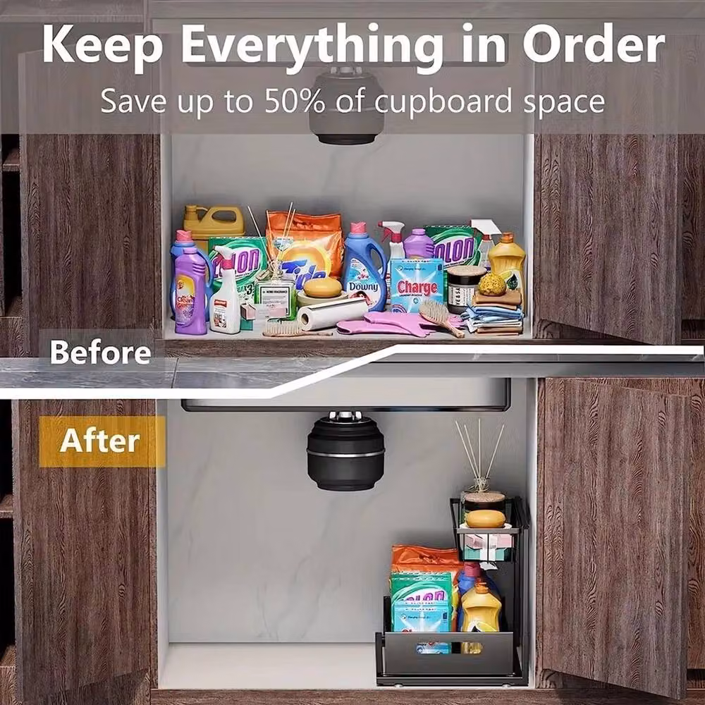 VOGREX L-Shaped Sliding Kitchen Spice Storage Rack in Black Metal – 4