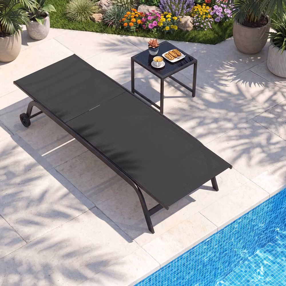 Gymax Outdoor Chaise Lounge Chair in Black with 6-Position Recliner, Adjustable Headrest, Side Tray and Castors – 4