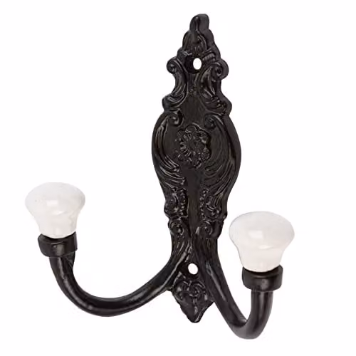 Hammer and Tongs Ornate Double White Ceramic and Iron Coat Hook - W: 10.0 cm, H: 11.5 cm - Black
